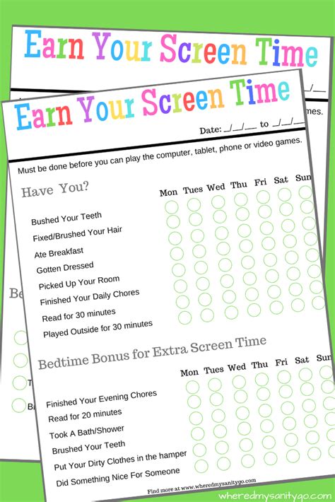 earn  screen time  printable screen time chart screen time rules kids screen time