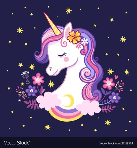 cute unicorn   purple background  stars