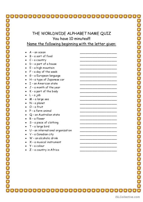 worldwide alphabet quiz english esl worksheets