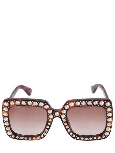 lyst gucci square crystals embellished sunglasses in brown