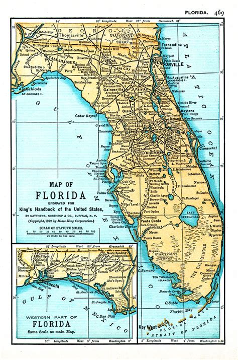 map  florida engraved  kings handbook   united states  ad