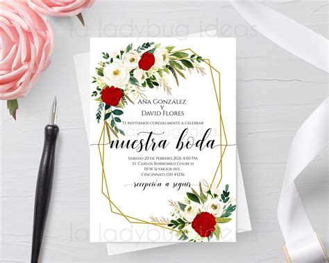 invitacion boda  editarimprimir  flores rojas  blancas