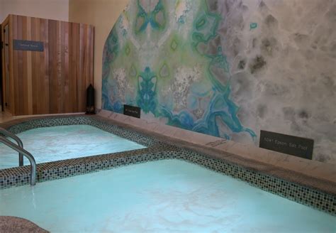indoor hot tub  blue  green paint   walls