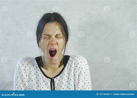 Sleepy Tired Woman Yawns On White Background Stock Image Image Of