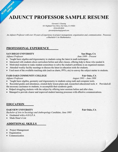 adjunct professor sample resume resume builder