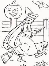 Coloring Halloween Pages Witch Vintage Sheets Kids Printable Girl Broom Riding Print Coloringpagesfortoddlers Fall Her sketch template
