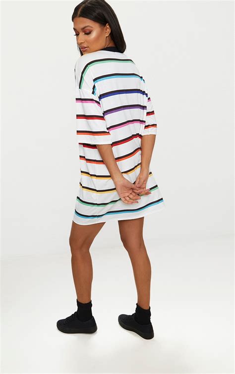 white rainbow stripe t shirt dress dresses prettylittlething