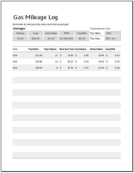 gas mileage log template  ms excel word excel templates