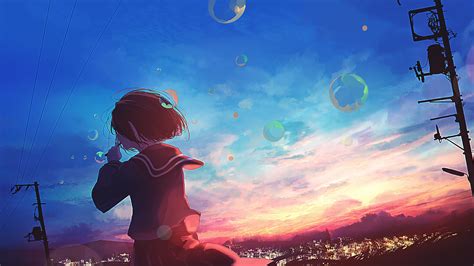 307663 Anime Scenery Girl Sunset Bubbles 4k