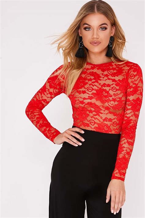 red lace long sleeve bodysuit in the style