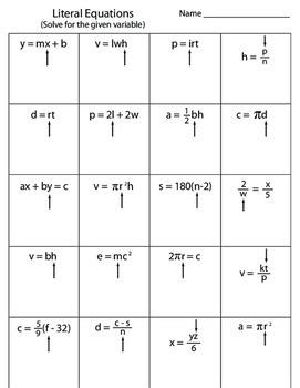 literal equations worksheet  kevin wilda teachers pay teachers