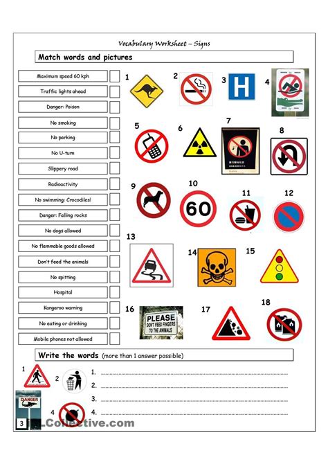 vocabulary matching worksheet signs kindergarten worksheets safety