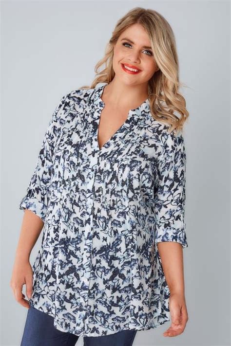 Navy And White Butterfly Pintuck Longline Blouse With Sequin Detail Plus