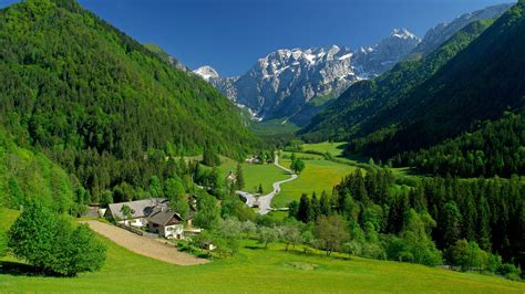 landscape village hills mountains trees hairpin turns alps valley slovenia wallpapers hd