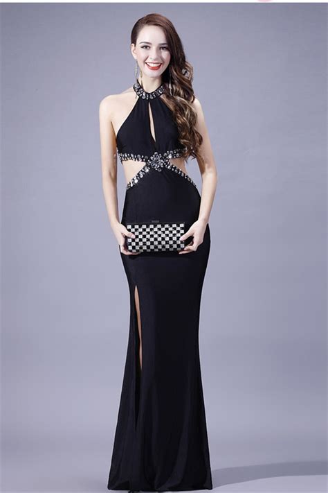 sexy halter side cut out backless long black chiffon beaded evening