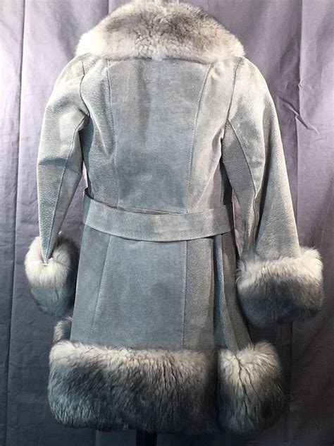 vintage womens leather fur coat  parisian leather fur coat womens silver suede coat
