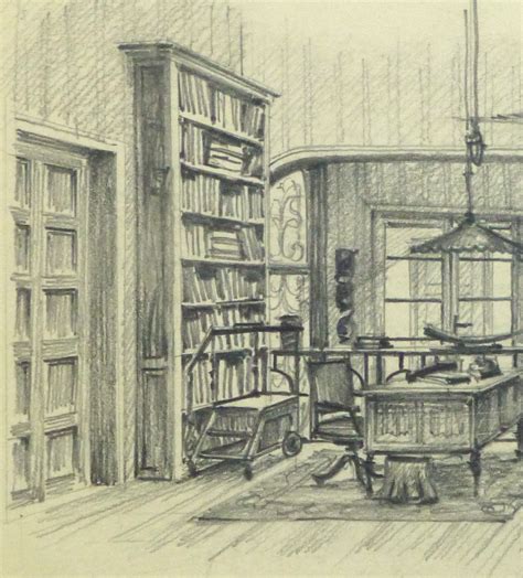 pencil drawing private library interior circa