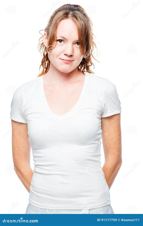 Portrait Of A Red Haired Girl In White Clothes Stock Image Image Of