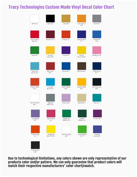 vinyl decal color chart tracy technologies