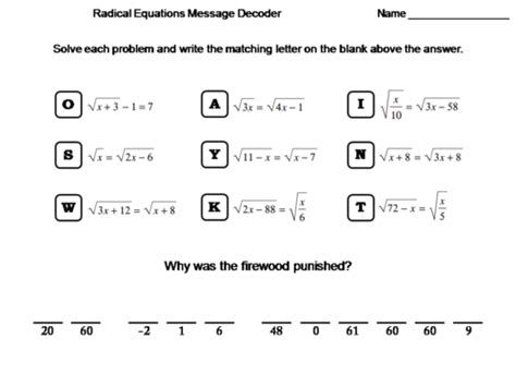 solving radical equations worksheet math message decoder teaching