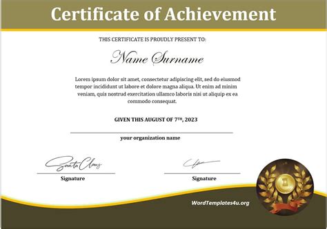 printable certificate  achievement template word printable