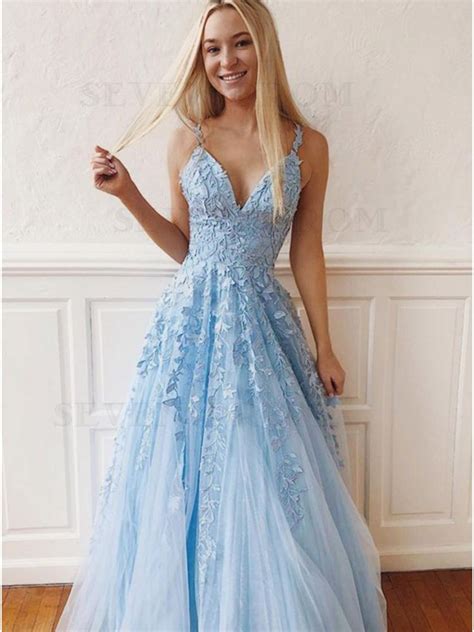 Buy Spaghetti Straps Light Blue Prom Dress With Appliques Sleeveless
