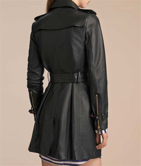 mid length womens double breasted black leather trench coat