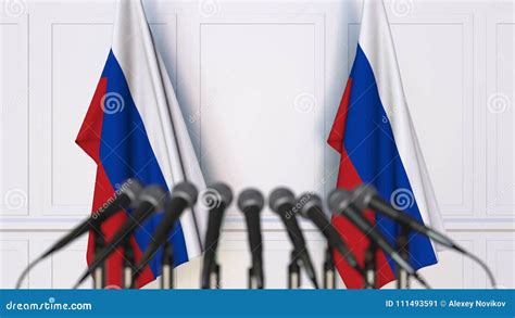 Russian Official Press Conference Flags Of Russia And Microphones