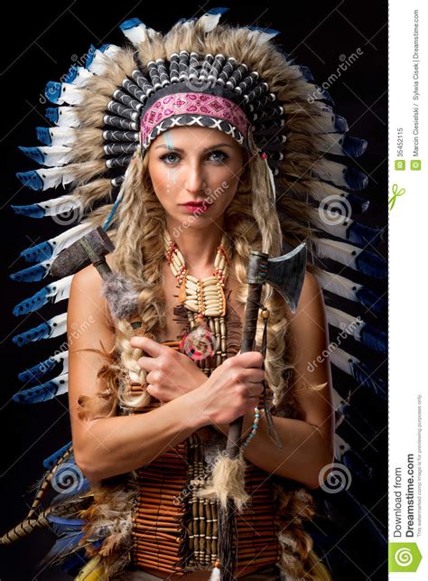 beautiful woman in native american costume stock image