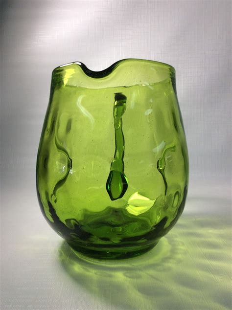 Blenko Glass 6916 Hand Blown Dot Optic Pitcher With Pinched In Sides