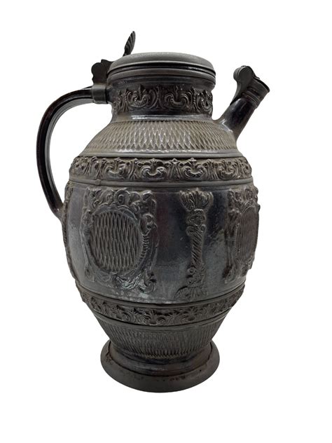 german rhenish stoneware ewer  pewter lid inscribed