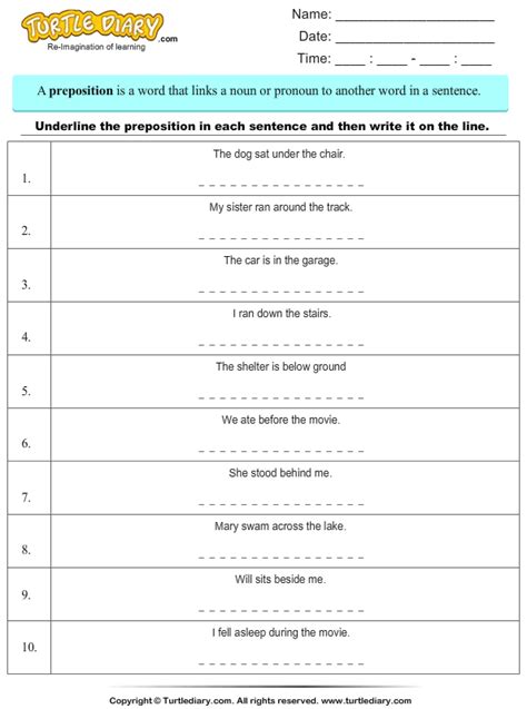 identify prepositions  sentences worksheet turtle diary