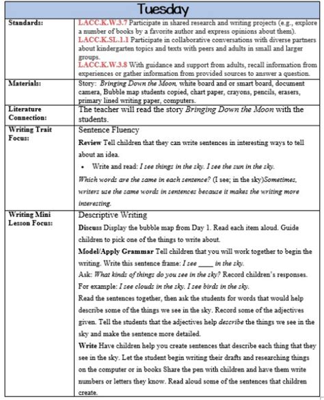 weekly lesson plan   kindergarten writing plan