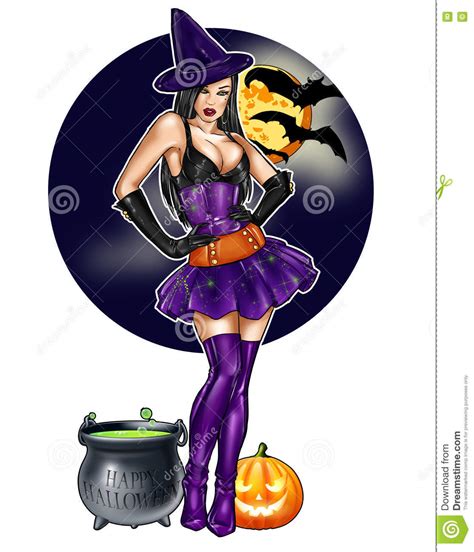 pin up dressed up as halloween witch on a dark sky background stock illustration illustration