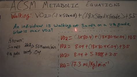 acsm metabolic equations walking equation   solve  vo