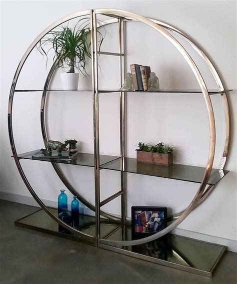 circular  piece brass etagere  smoked glass shelves glass bookshelves small