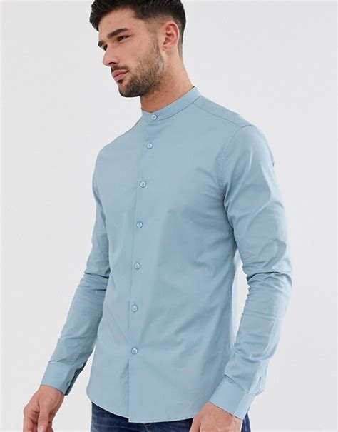 asos design skinny fit overhemd zonder kraag  lichtblauw asos