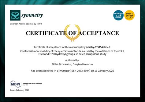 certificate  acceptance   manuscript  symmetry journal