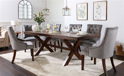 grange dark wood extending dining table   duke grey velvet chairs