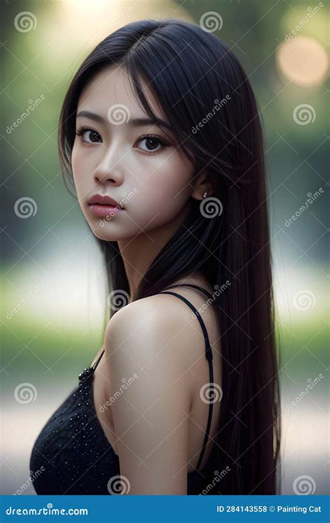 Portrait Of A Beautiful Asian Woman With Long Black Hair Stock