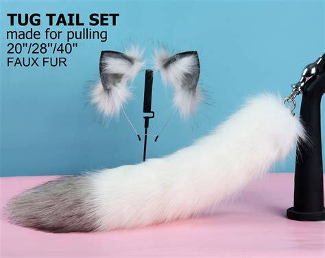 White Gray Tug Tail Plug And Ear Set Faux Fur Fox Tail Butt Plug Wolf