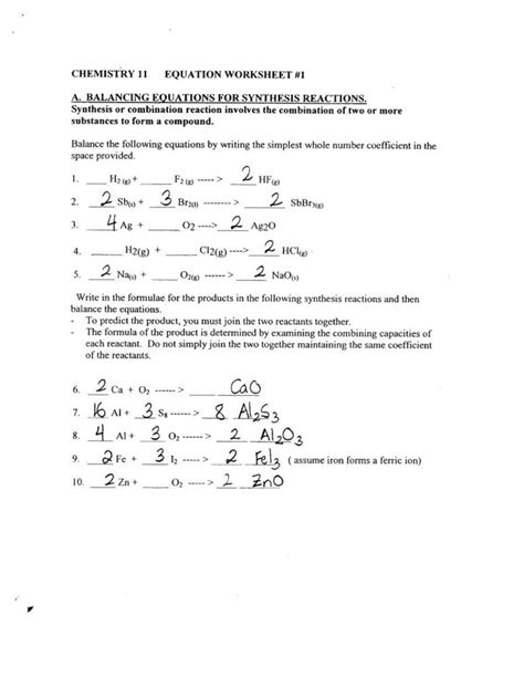 worksheet  balancing equations  identifying types  reactions