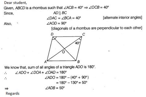 Abcd Is A Rhombus Such That Angle Acb 40 Degree Find Angle Adb Maths