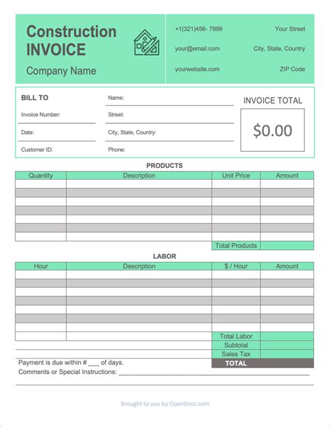 construction invoice template  word excel