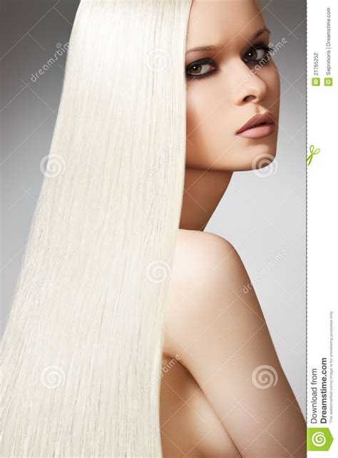 Wellness Beautiful Model Long Blond Straight Hair Stock