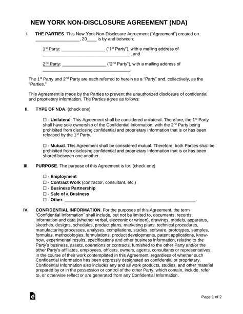 free new york non disclosure agreement nda template word pdf eforms