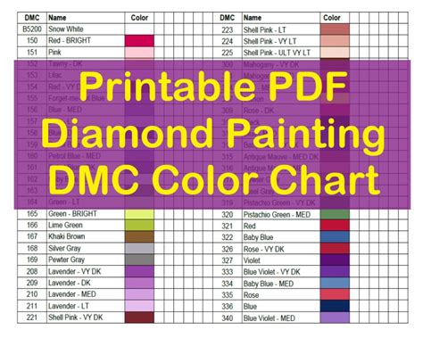 printable diamond painting dmc color chart downloadable etsy uk