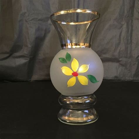 Vintage Boho Mcm Mod Frosted Satin Glass Hand Painted Flower Gold