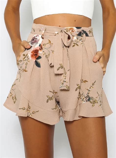 fashion womens floral printed ruffle loose shorts  belt