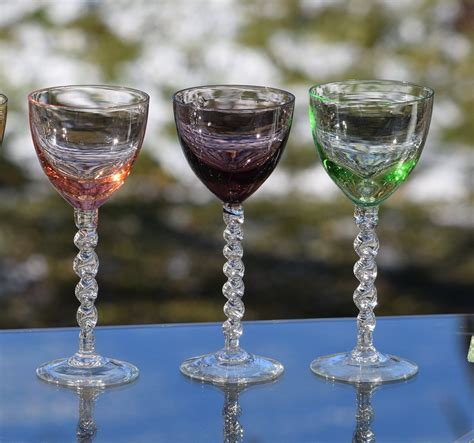 Vintage Multi Colored Clear Twisted Stem Wine Glasses Set Of 6 4 Oz